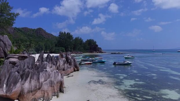 Aerial view of Curieuse Island with granite rocks Seychelles.