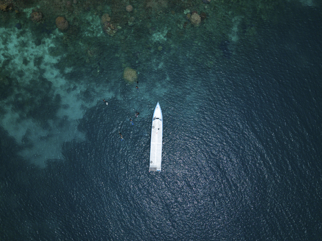 Aerial view of a white yacht slicing through the dark blue sea contrasting with the lighter turquoise waters near the coral reefs Karimunjawa Central Java Indonesia.