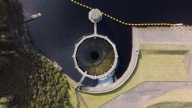 Aerial view of Whiteadder Reservoir spillway United Kingdom. Aerial view of Whiteadder Reservoir spillway United Kingdom.