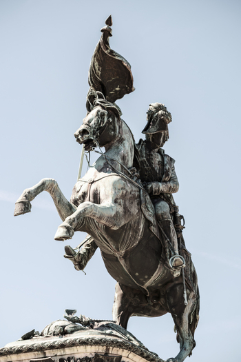 View of the equestrian statue of Archduke Charles on a rearing horse against a clear blue sky in Vienna Austria. View of the equestrian statue of Archduke Charles on a rearing horse against a clear blue sky in Vienna Austria.