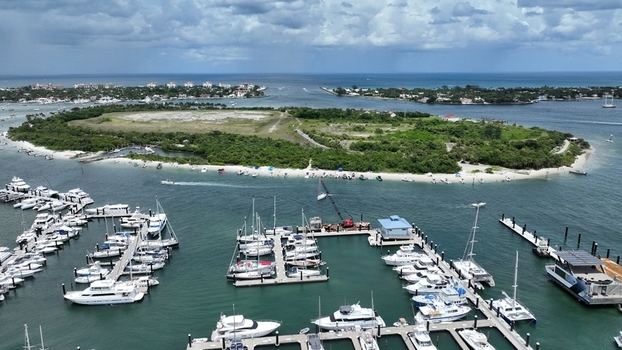 Aerial view of boats docked in the marina near the island Jupiter Florida United States.