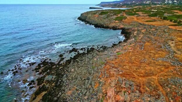 Aerial view of the rocky coastline of Crete Greece.