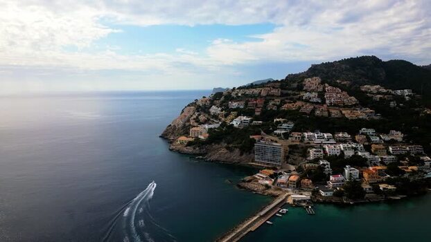 Aerial view of Port d Andratx coastal town and harbor Spain.