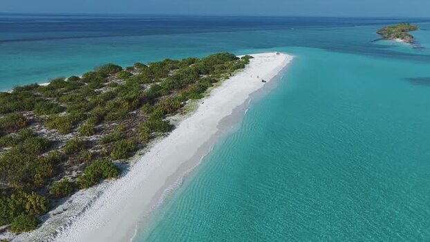 Aerial view of a tropical island with white sand in Maldives.