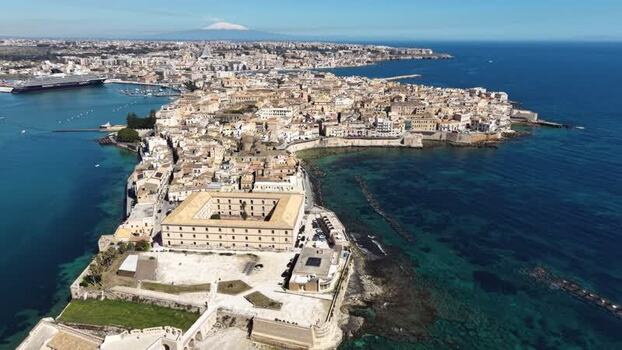 Aerial view of Ortigia Island and Maniace Castle Italy.