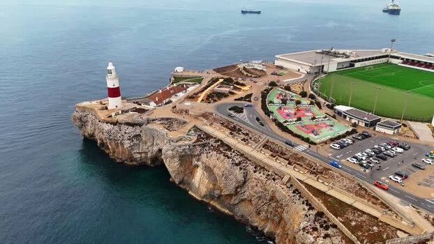 Aerial view of Europa Point lighthouse and stadium Gibraltar.