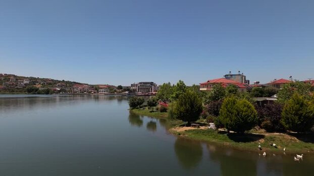 Aerial view of Belsh Lake and surrounding town Albania.