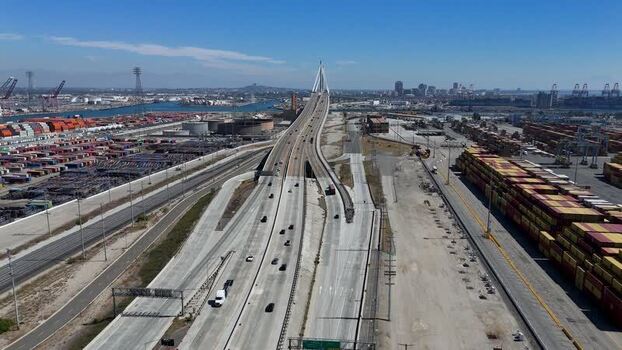 Aerial view of Gerald Desmond Bridge in Long Beach United States.
