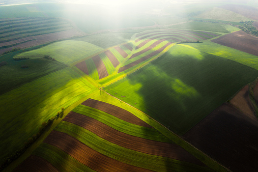 Aerial view of rolling agricultural fields with green crops and brown soil under dramatic sunlight and cloud shadows in Klobouky u Brna Jihomoravsky kraj Czechia. Aerial view of rolling agricultural fields with green crops and brown soil under dramatic sunlight and cloud shadows in Klobouky u Brna Jihomoravsky kraj Czechia.