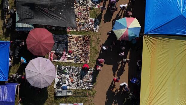 Aerial view of Bonyokan Pasar Legi market stalls Indonesia.
