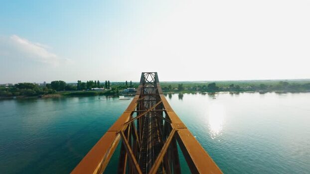 Aerial FPV view of railway bridge over river Serbia. Aerial FPV view of railway bridge over river Serbia.