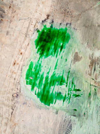 Aerial view of a vibrant green phosphor deposit contrasting with the surrounding arid dusty landscape marked by tire tracks in Andalusia Spain. Aerial view of a vibrant green phosphor deposit contrasting with the surrounding arid dusty landscape marked by tire tracks in Andalusia Spain.