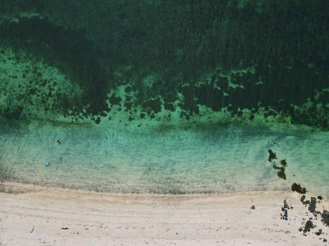 Aerial view of Talisker Bay Beach featuring turquoise water dark seaweed patches and people on the white sand in Isle of Skye United Kingdom.