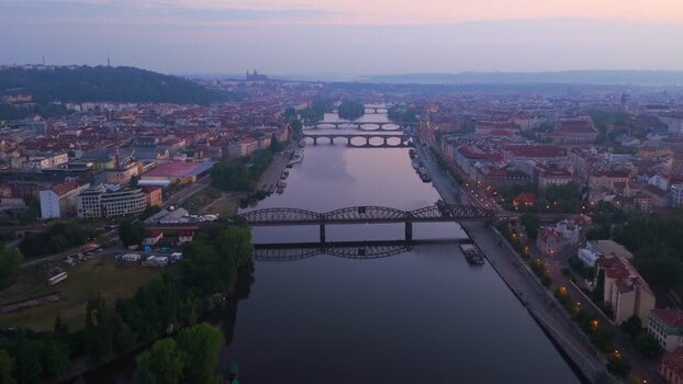 Aerial view of Vltava river and bridges at dusk Czechia. Aerial view of Vltava river and bridges at dusk Czechia.