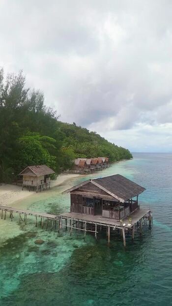Aerial view of stilt houses on Fam Island Indonesia.