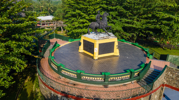 Purwokerto Indonesia 08 May 2026 Aerial view of the National Monument of Jendral Soedirman featuring the equestrian statue on a circular pedestal surrounded by lush green trees. Purwokerto Indonesia 08 May 2026 Aerial view of the National Monument of Jendral Soedirman featuring the equestrian statue on a circular pedestal surrounded by lush green trees.