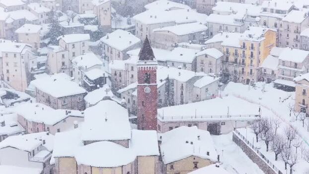 Aerial view of snow covered Rivisondoli in winter Italy.