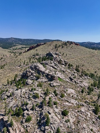 Aerial view of the rocky landscape and pine forest at Walker Ranch in Boulder Colorado United States.