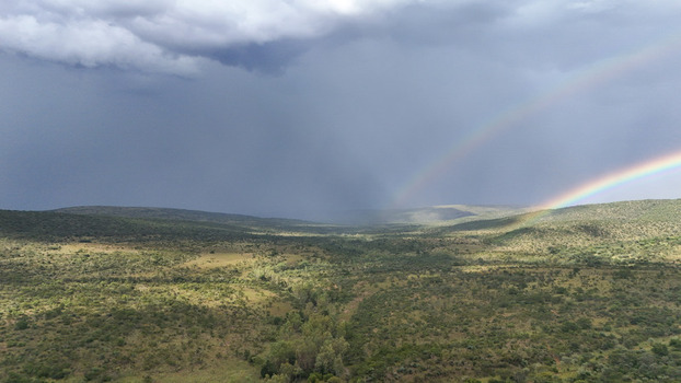 Aerial view of a vast green landscape with rolling hills under dark storm clouds and a double rainbow in Waterberg District Municipality Limpopo South Africa. Aerial view of a vast green landscape with rolling hills under dark storm clouds and a double rainbow in Waterberg District Municipality Limpopo South Africa.