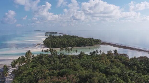 Aerial view of tropical islands and palm trees in Maldives.