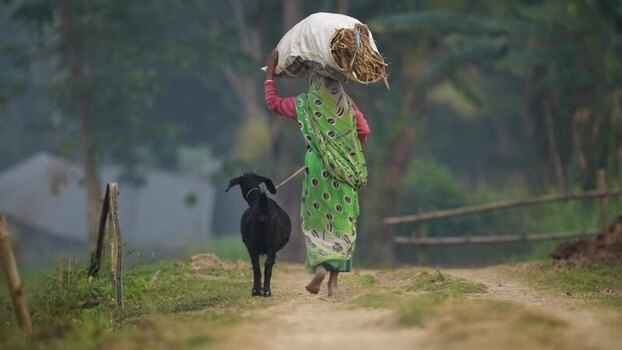 View of a woman carrying a sack and leading a goat Bangladesh.