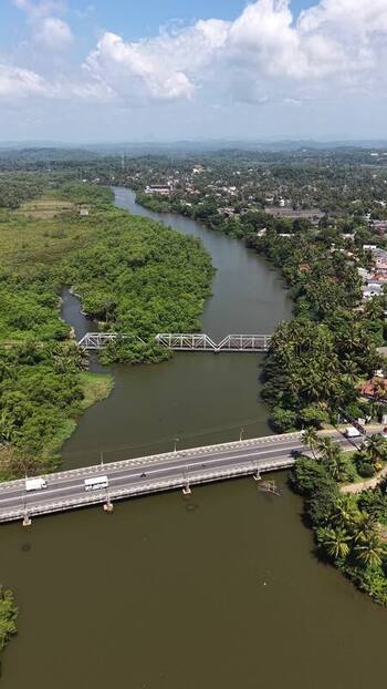 Aerial view of bridges crossing a river in Galle Sri Lanka.