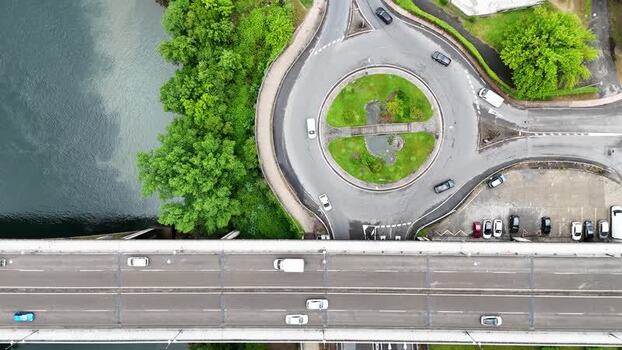 Aerial view of a roundabout and bridge over the river in Ourense Spain.