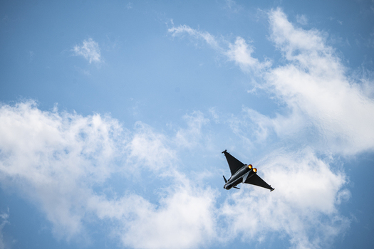 Berlin Germany 13 June 2026 View of a Eurofighter Typhoon performing an aerial display at the ILA Berlin Air Show against a blue sky with scattered white clouds. Berlin Germany 13 June 2026 View of a Eurofighter Typhoon performing an aerial display at the ILA Berlin Air Show against a blue sky with scattered white clouds.