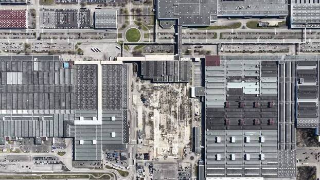 Aerial view of industrial buildings and roads France.