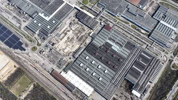 Aerial view of industrial complex France.