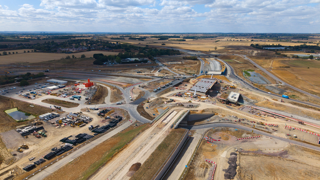 Aerial view of Black Cat Roundabout highway construction featuring heavy machinery earthworks and new road infrastructure in Chawston England United Kingdom. Aerial view of Black Cat Roundabout highway construction featuring heavy machinery earthworks and new road infrastructure in Chawston England United Kingdom.