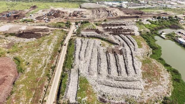 Aerial view of waste recycling site in India.