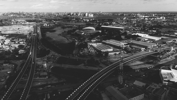 Aerial view of the Wole Soyinka Centre for Culture and Creative Arts and National Theatre Nigeria with complex highway interchanges in Lagos Lagos Nigeria. Aerial view of the Wole Soyinka Centre for Culture and Creative Arts and National Theatre Nigeria with complex highway interchanges in Lagos Lagos Nigeria.