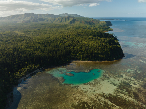 Aerial view of the vibrant turquoise waters meeting the dark green forest against the backdrop of mountainous terrain Goro South Province New Caledonia. Aerial view of the vibrant turquoise waters meeting the dark green forest against the backdrop of mountainous terrain Goro South Province New Caledonia.