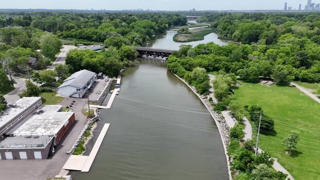 Aerial view of Credit River flowing through Mississauga Canada.