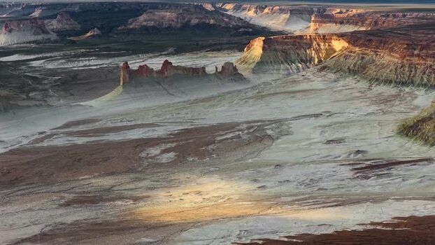 Aerial view of Bozjyra rock formations in Kazakhstan.
