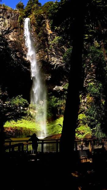 View of a majestic waterfall and platform New Zealand.