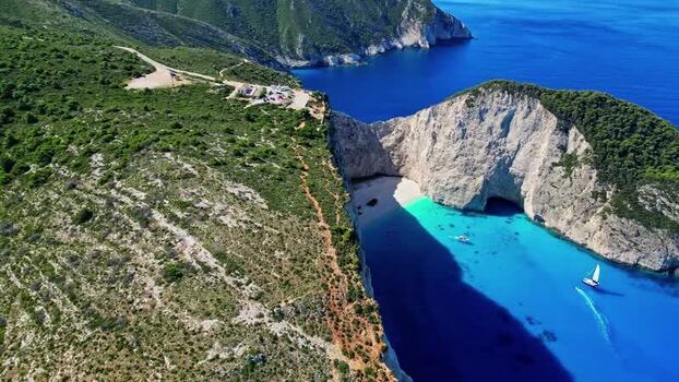 Aerial view of Navagio Beach and turquoise waters Greece.