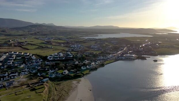 Aerial view of Falcarragh coastline and village Ireland.