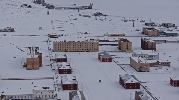 Aerial view of Pyramiden settlement in Svalbard and Jan Mayen.