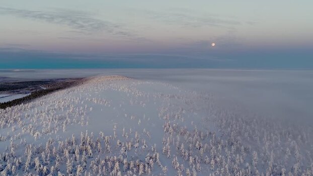 Aerial view of Luosto fell in winter Finland.