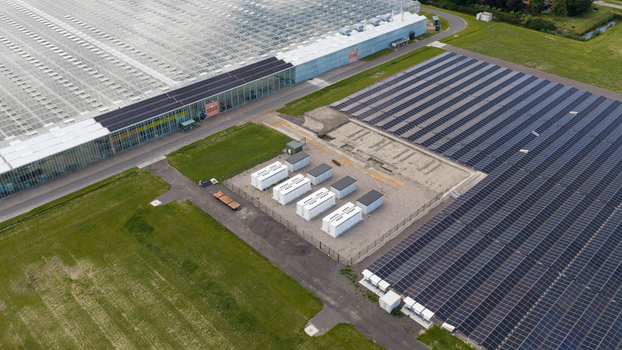 Aerial view of Battery Storage System at Greenhouses and Solar Park Aerial view of Battery Storage System at Greenhouses and Solar Park