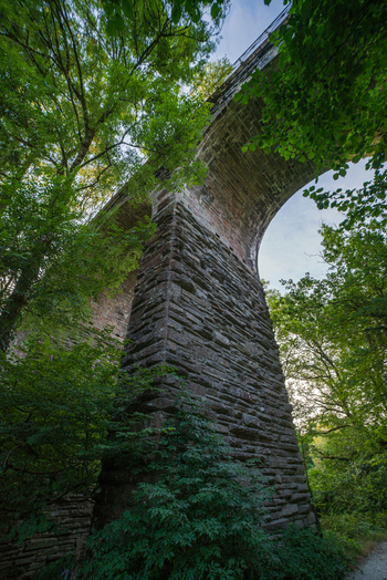 View of the historic stone viaduct surrounded by lush green trees in Bodmin Cornwall United Kingdom. View of the historic stone viaduct surrounded by lush green trees in Bodmin Cornwall United Kingdom.