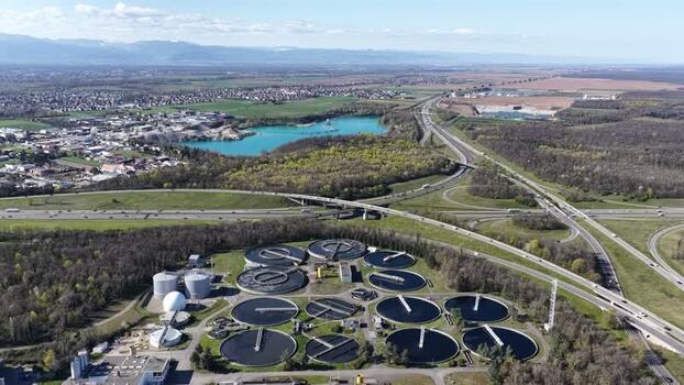 Aerial view of water treatment plant near highway France.