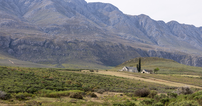 View of the rugged Swartberg Mountains towering over a small farmhouse nestled among green shrubs and arid landscape in Swartberg Western Cape South Africa.