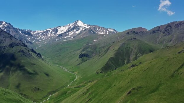 Aerial view of Mount Elbrus and Caucasus Mountains Russia.