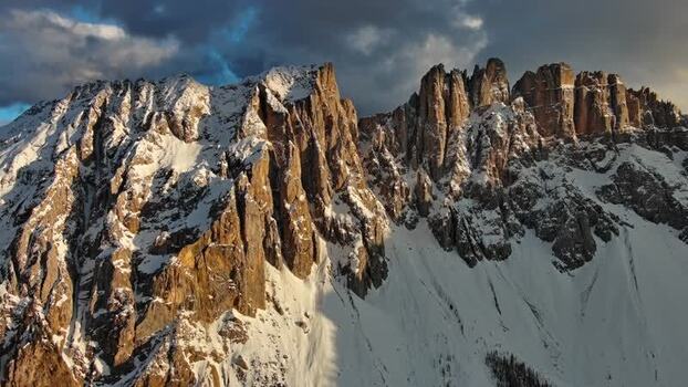 Aerial view of Dolomite Mountains in Canazei Italy.