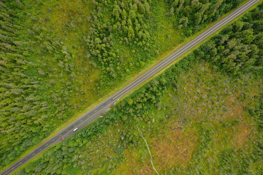Aerial view of a road cutting through a dense forest and wetland area in Juneau Alaska United States. Aerial view of a road cutting through a dense forest and wetland area in Juneau Alaska United States.