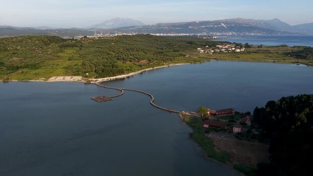 Aerial view of the wooden bridge to Zvernec Island Albania.