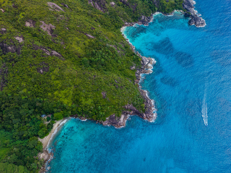Aerial view of the vibrant turquoise waters meeting the lush green coastline with rocky outcrops and a secluded beach Montagne Jasmin Mahe Island Seychelles. Aerial view of the vibrant turquoise waters meeting the lush green coastline with rocky outcrops and a secluded beach Montagne Jasmin Mahe Island Seychelles.